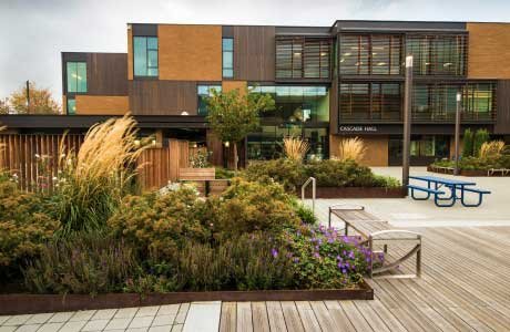 modern brick building and picnic area